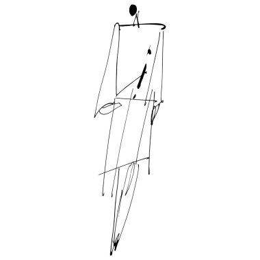 El Çizimi Moda Tasarımcısı İllüstrasyonu. Moda Modeli İllüstrasyonu, Şık Çizim. El çizimi kıyafet görünüşü. Yerleştirme Yazdırma. Kadın modası. Asgari Baskı. Poster baskısı. Beyaz arka planda kadınsı çizimler. Moda Simgesi. Contour sembolü