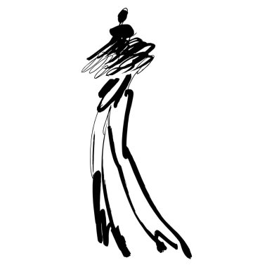 El Çizimi Moda Tasarımcısı İllüstrasyonu. Moda Modeli İllüstrasyonu, Şık Çizim. El çizimi kıyafet görünüşü. Yerleştirme Yazdırma. Kadın modası. Asgari Baskı. Poster baskısı. Beyaz arka planda kadınsı çizimler. Moda Simgesi. Contour sembolü