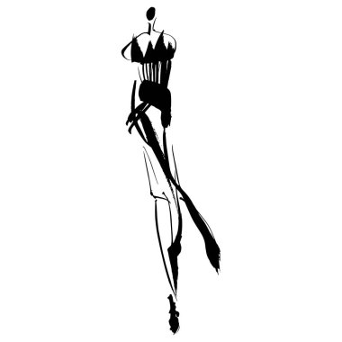 El Çizimi Moda Tasarımcısı İllüstrasyonu. Moda Modeli İllüstrasyonu, Şık Çizim. El çizimi kıyafet görünüşü. Yerleştirme Yazdırma. Kadın modası. Asgari Baskı. Poster baskısı. Beyaz arka planda kadınsı çizimler. Moda Simgesi. Contour sembolü