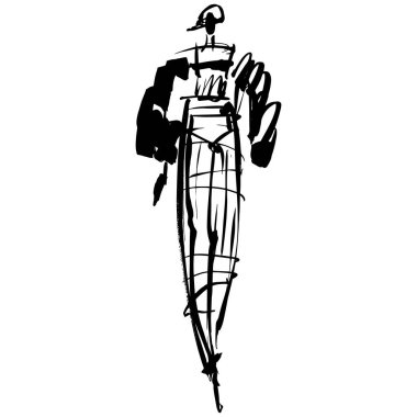 El Çizimi Moda Tasarımcısı İllüstrasyonu. Moda Modeli İllüstrasyonu, Şık Çizim. El çizimi kıyafet görünüşü. Yerleştirme Yazdırma. Kadın modası. Asgari Baskı. Poster baskısı. Beyaz arka planda kadınsı çizimler. Moda Simgesi. Contour sembolü