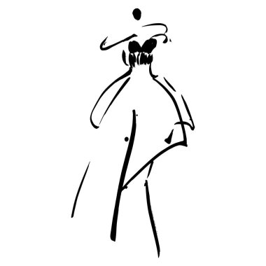 El Çizimi Moda Tasarımcısı İllüstrasyonu. Moda Modeli İllüstrasyonu, Şık Çizim. El çizimi kıyafet görünüşü. Yerleştirme Yazdırma. Kadın modası. Asgari Baskı. Poster baskısı. Beyaz arka planda kadınsı çizimler. Moda Simgesi. Contour sembolü