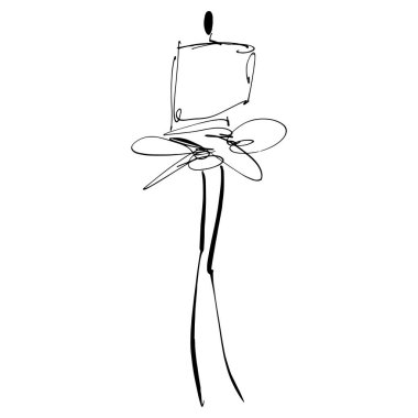 El Çizimi Moda Tasarımcısı İllüstrasyonu. Moda Modeli İllüstrasyonu, Şık Çizim. El çizimi kıyafet görünüşü. Yerleştirme Yazdırma. Kadın modası. Asgari Baskı. Poster baskısı. Beyaz arka planda kadınsı çizimler. Moda Simgesi. Contour sembolü