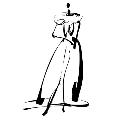 El Çizimi Moda Tasarımcısı İllüstrasyonu. Moda Modeli İllüstrasyonu, Şık Çizim. El çizimi kıyafet görünüşü. Yerleştirme Yazdırma. Kadın modası. Asgari Baskı. Poster baskısı. Beyaz arka planda kadınsı çizimler. Moda Simgesi. Contour sembolü