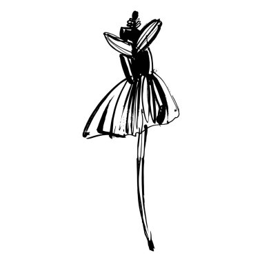 El Çizimi Moda Tasarımcısı İllüstrasyonu. Moda Modeli İllüstrasyonu, Şık Çizim. El çizimi kıyafet görünüşü. Yerleştirme Yazdırma. Kadın modası. Asgari Baskı. Poster baskısı. Beyaz arka planda kadınsı çizimler. Moda Simgesi. Contour sembolü