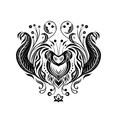 Tek renkli, eski, çiçekli bir süs. Davetiye ve kartlar için lüks siluet damaske tırmanışı. Arkaplandan izole edilmiş çiçek, yaprak ve bukleli vektör siyah barok çizimi.