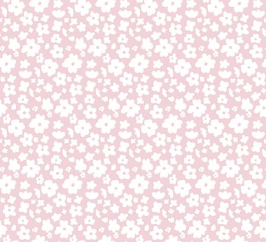 Yumuşak ve pürüzsüz bir desen. Pembe arka planda küçük beyaz çiçekli romantik bir doku. Kumaşlar ve duvar kağıtları için basit bir Cottagecore arkaplanı