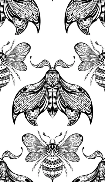 无缝图案与画蜂和蛾与Boho装饰 矢量单色纹理与夜间蝴蝶和大黄蜂与示踪装饰 白色背景上的胚胎学织物 — 图库矢量图片