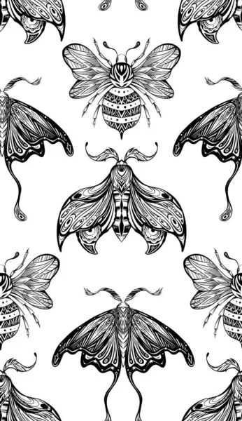 矢量无缝图案与油墨画蜂和蛾与Boho装饰 胚胎学织物在白色背景上有斑点 单色质感 夜间蝴蝶 大黄蜂 装饰精美 — 图库矢量图片