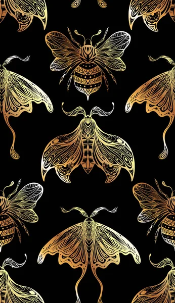 无缝化的奢华图案 画蜂飞蛾装饰 矢量纹理与黄金夜间蝴蝶和大黄蜂与示踪装饰 黑色背景丰富的昆虫学结构 — 图库矢量图片
