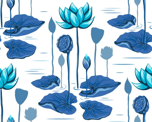 Zökkenőmentes Vektor Textúra Lótuszvirágokkal Levelekkel Tóval Botanikai Minta Kék Kézzel — Stock Vector