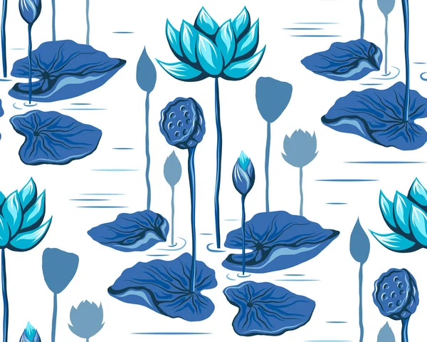 Textura Vectorial Sin Costuras Con Flores Loto Hojas Lago Patrón — Vector de stock