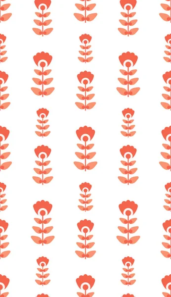 白い背景に連続した葉を持つ茎に小さな赤い幾何学的な花を持つベクトルシームレスなシンプルなパターン 壁紙や包装紙のための70年代スタイルの垂直レトロな花のテクスチャ — ストックベクタ