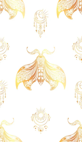 반사기없는 무늬에 천상의 부적을 나비를 그리는 것이다 장식용 황금빛 나방이 — 스톡 벡터