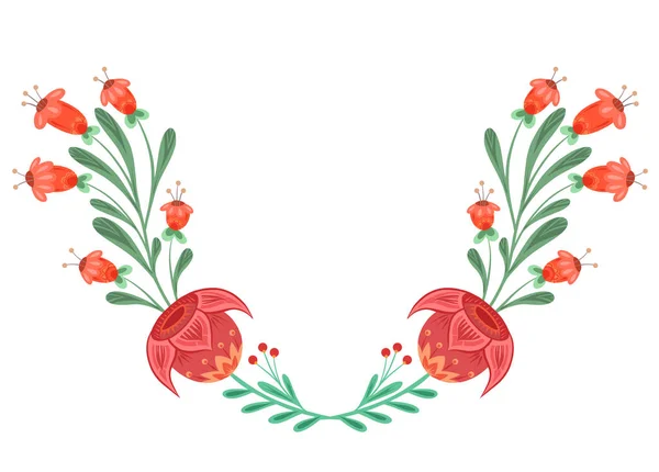 チューリップや民俗芸術とブルーベルのベクトル伝統的な花輪 招待状の装飾付きの花のフレーム 郵便はがきの国境 — ストックベクタ