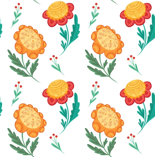 矢量无缝图案与黄色和红色花与民间艺术的白色背景 天然的背景与罂粟和浆果的面料和墙纸 纯正的传统花卉质感 — 图库矢量图片
