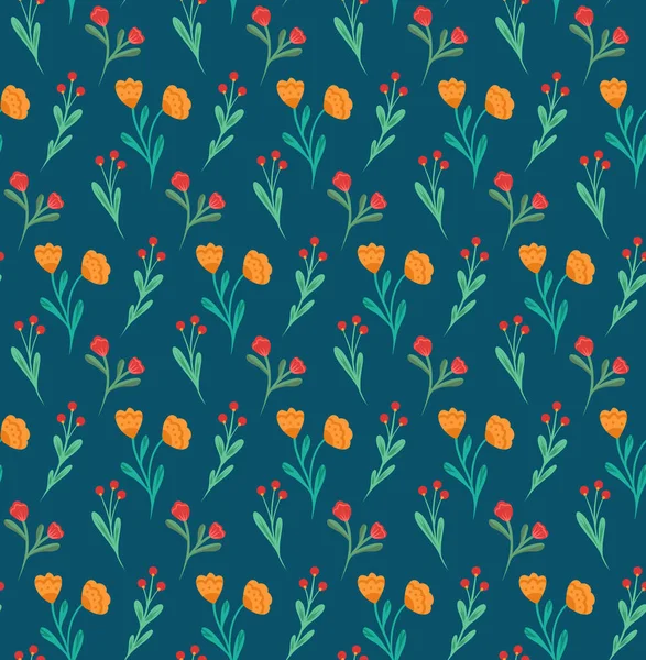 Jednoduchý Daisy Vzor Přírodní Textura Malými Květy Stonky Bobulemi Tmavomodrém — Stockový vektor