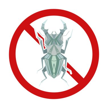 Vector prohibition sign with a stag beetle. Danger of being bitten by insects. Bugs are in ban. Forbidden sign for dichlorvos and stickers. Do not kill rare insects.