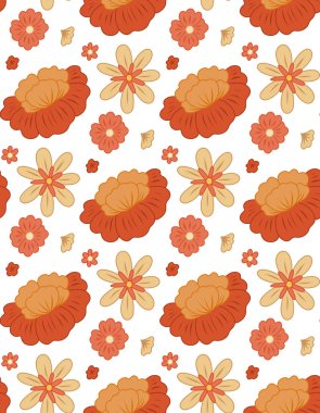 Vector seamless retro pattern with red groovy flowers on white background with ditsy. Floral old fashioned background for fabrics and wallpapers. Hippie texture with different flowers.