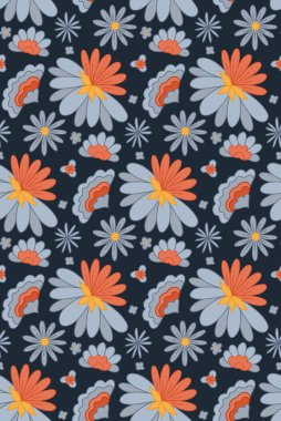 Vector seamless pattern with blue groovy flowers on dark blue background. Nature retro floral texture for fabric and wallpaper. Hippie mood. Flower power backdrop.