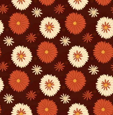 Seamless retro pattern with groovy flowers on dark background. Vector hippie texture with white and red flowers. Floral old-fashioned background with chamomile for fabrics and wallpapers.