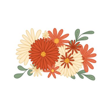 Vector illustration of a bouquet of groovy flowers with foliage and tems. Retro floral bouquet image. Hippie mood. Flower power clipart for stickers, printing on t-shirts, mugs, pillows.