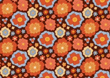 Vector seamless retro pattern with groovy flowers on dark background. Hippie texture with different flowers. Floral ditsy retro background for fabrics and wallpapers.