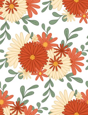 Vector seamless pattern with hippie bunch of flowers. Retro texture with bouquet groovy flowers with stems in row on white background. Floral backdrop for fabrics and wallpapers.