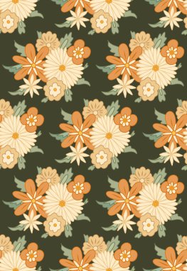 Vector seamless hippie pattern with bouquet groovy flowers. Blossom retro texture with different flowers on dark green background. Floral old fashioned background for fabrics and wallpapers.