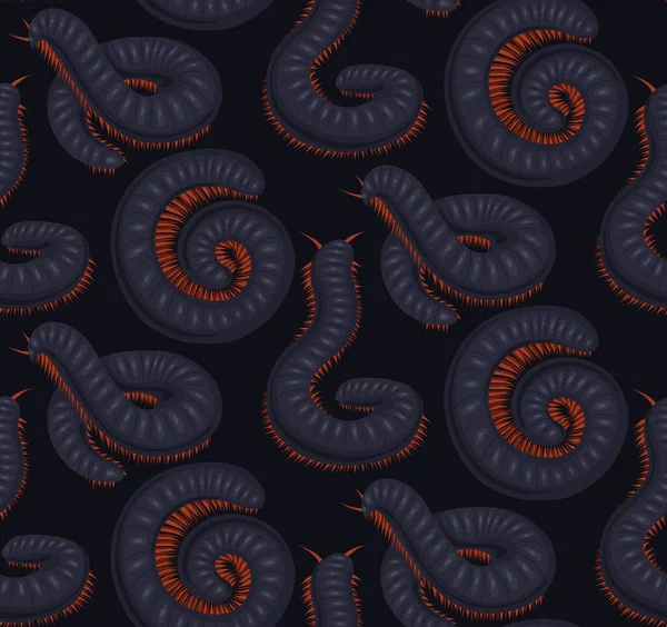 Dark Vector Seamless Pattern Scary Centipedes Gray Background Texture Cartoon — Vector de stock