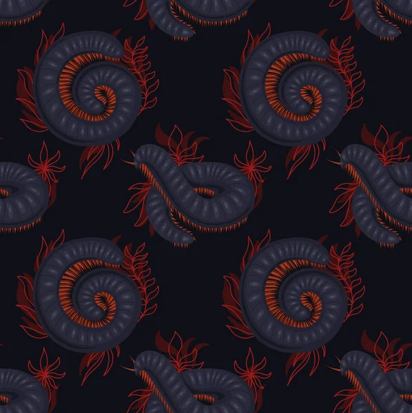 Dark Vector Seamless Pattern Scary Centipedes Roll Foliage Leaves Black — Stock Vector