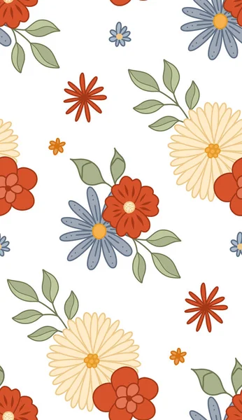 Seamless Pattern Groovy Flowers Stems White Pattern Hippie Mood Flower — Vetor de Stock