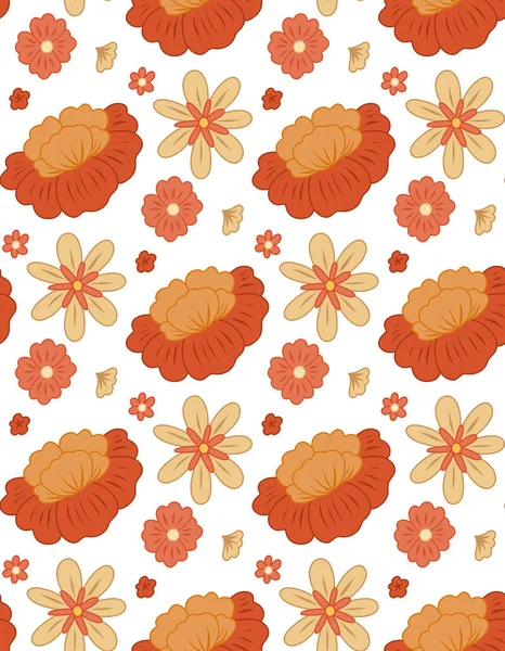 Vector Seamless Retro Pattern Red Groovy Flowers White Background Ditsy — Stock Vector