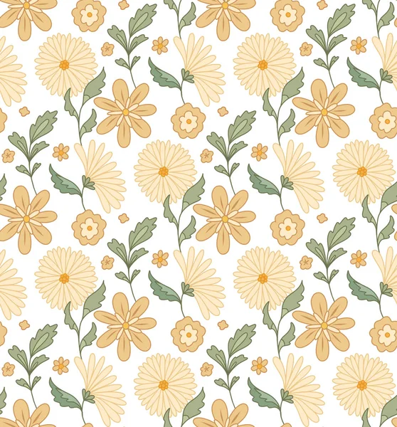 Vector Seamless Gentle Pattern Groovy Flowers Stems White Background Nature — Stockvector