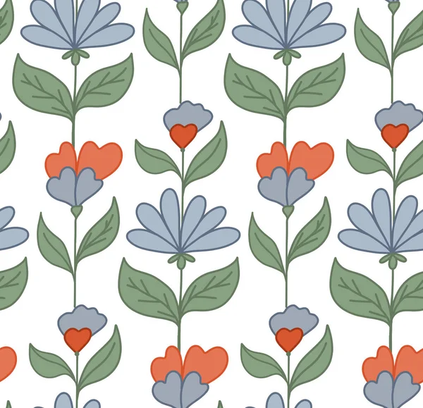 Seamless Pattern Blue Groovy Flowers Stems Foliage White Background Hippie — Wektor stockowy