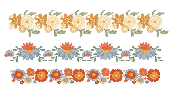 Vector Set Seamless Retro Border Groovy Flowers Isolated Background Collection — Vettoriale Stock