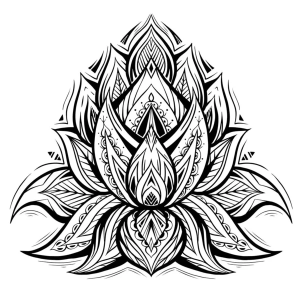 Vector Sacred Lotus Illustration Boho Ornament Monochrome Water Lily Tribal — Stockvektor