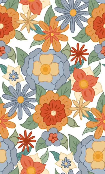 Dense Ditsy Hippie Texture Different Flowers White Background Grid Ornament — Vetor de Stock