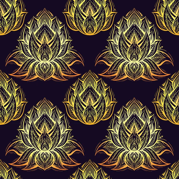 Vector Luxurious Seamless Pattern Golden Contour Tribal Lotuses Violet Background — Stockvector