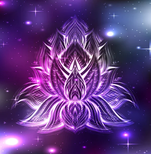 Vector Sacred Lotus Illustration Boho Ornament Cosmos Neon Psychedelic Water — Stockvector