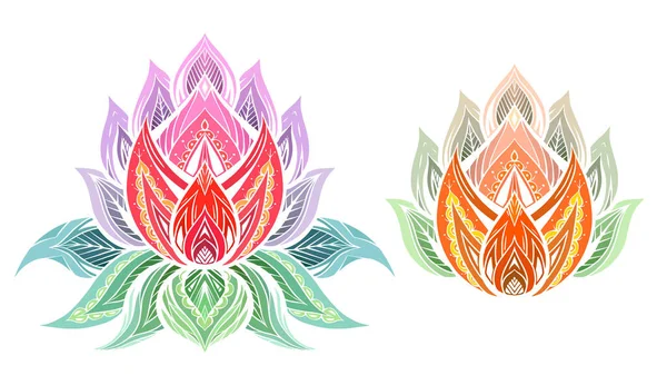 Vector Set Colorful Sacred Lotuses Illustration Boho Ornament Collection Violet — Vetor de Stock