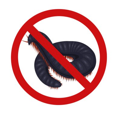 Scolopendra in sign of prohibition. Vector forbidden sign with a spooky insect. Centipede bite danger. Do not touch rare animals. Do not bring dangerous insects