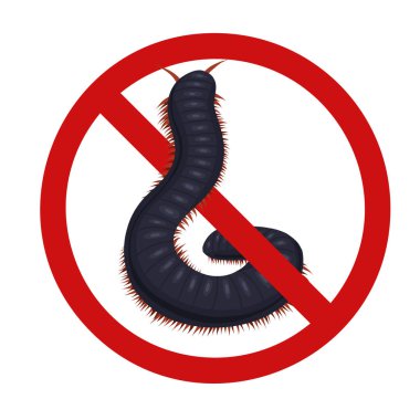 Scolopendra as a sign of prohibition. Vector forbidden sign with an insect. Centipede bite danger. Do not touch rare animals. Do not bring dangerous insects