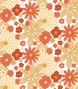 Vector seamless retro pattern with dense groovy flowers. Ditsy hippie texture with different beige and coral flowers on white background. Floral retro background for fabrics and wallpapers.