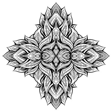 Vector sacred lotus mandala made of petals and leaves with boho ornament. Monochrome kaleidoscope illustration with water lily with tribal decoration. Mystical invitation and card