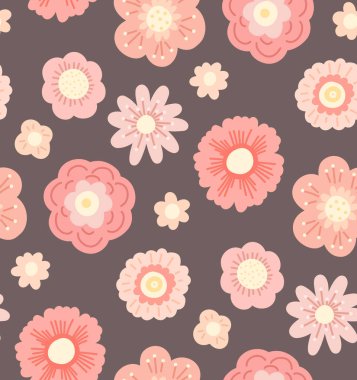 Hassas desenli, düz elle çizilmiş çiçekli koyu bir arka plan. Düz el, çocuk kumaşları ve duvar kağıtları için pastel çiçek deseni çizmiş. Vektör yumuşak çizgi film biçimsiz arkaplan.