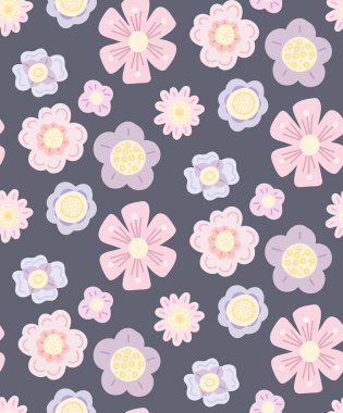 Koyu menekşe arkaplan üzerinde basit el çizimleri olan hassas vektör deseni. Bebek bezi ve duvar kağıtları için düz pastel çiçek dokusu. Yumuşacık arkaplan.