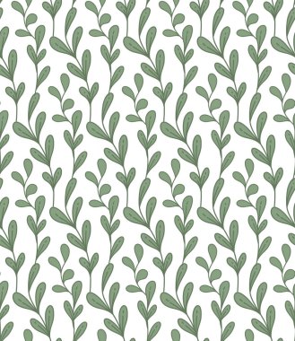Çizgi filmlerdeki vektör deseni beyaz arka planda yapraklarla iç içe geçmiş dallar. Çizilmiş el yaprağı ve gövdesi olan botanik doku. Asmalı doğal duvar kağıdı.