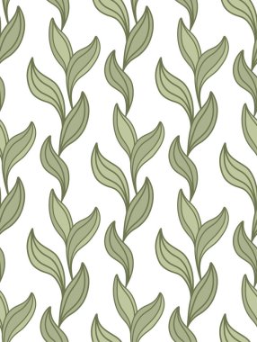 Beyaz arka planda yapraklardan yapılmış dikey çizgili vektör deseni. El çizimi yapraklı botanik doku. Doğal duvar kağıdı ve kumaş