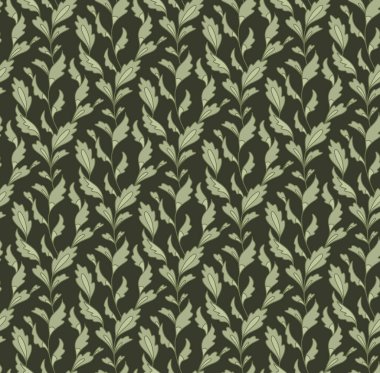 Koyu yeşil arkaplan üzerinde kontursuz çalı dalları olan vektörsüz doku. Çizgi film Wormwood 'lu botanik doku. Kumaş ve duvar kağıtları için bitkisel arkaplan.