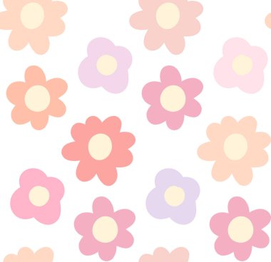 Beyaz arka planda zarif, basit bir el çizimi olan vektör deseni. Yumuşak karikatür arkaplanı. Çocuk kumaşları ve duvar kağıtları için saf pastel çiçek dokusu